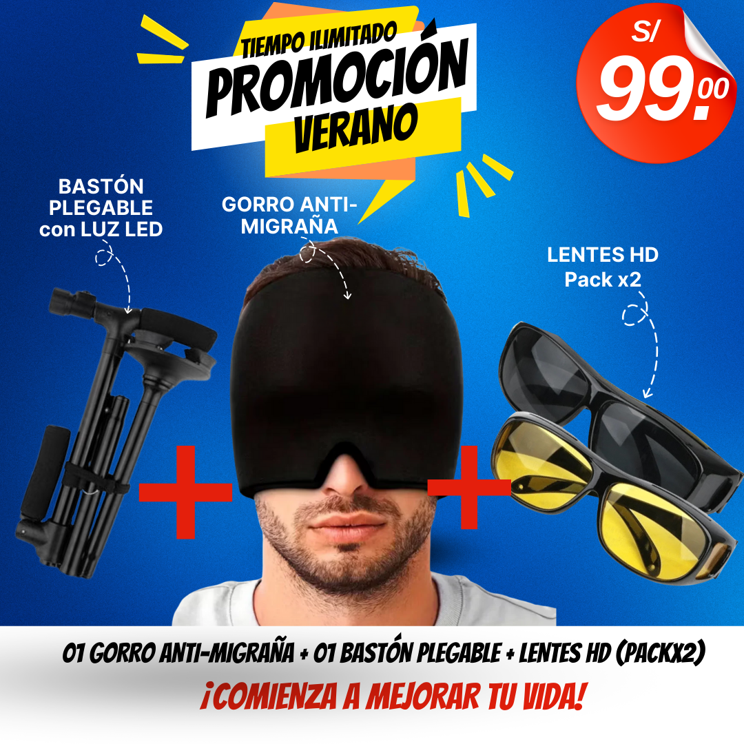 PACK CONFORT 😎 BASTÓN PLEGABLE CON LUZ LED +GORRO ANTI-MIGRAÑA + LENTES HD (X2)