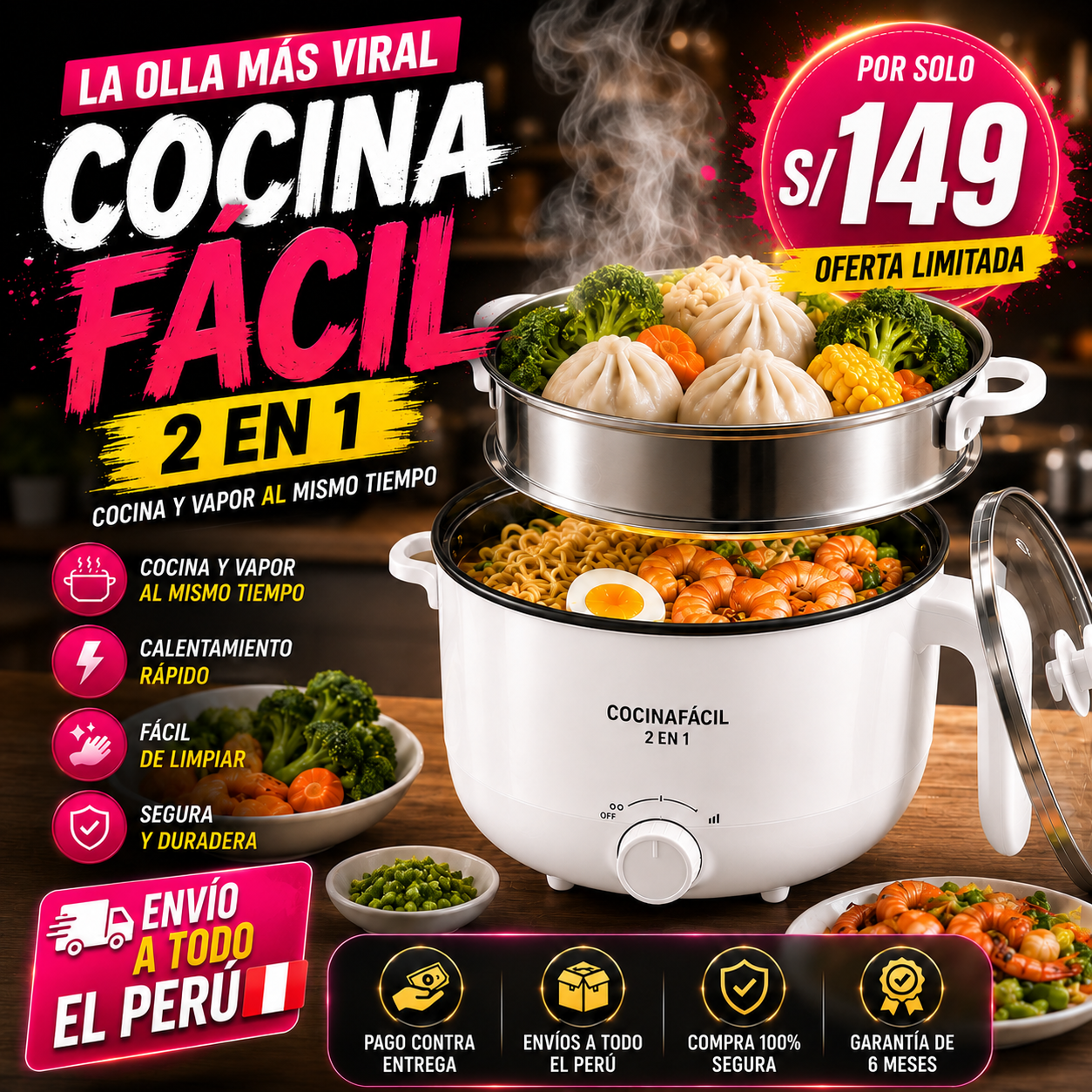 Olla Eléctrica Cocina fácil 2 en 1