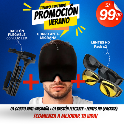 PACK CONFORT 😎 BASTÓN PLEGABLE CON LUZ LED +GORRO ANTI-MIGRAÑA + LENTES HD (X2)