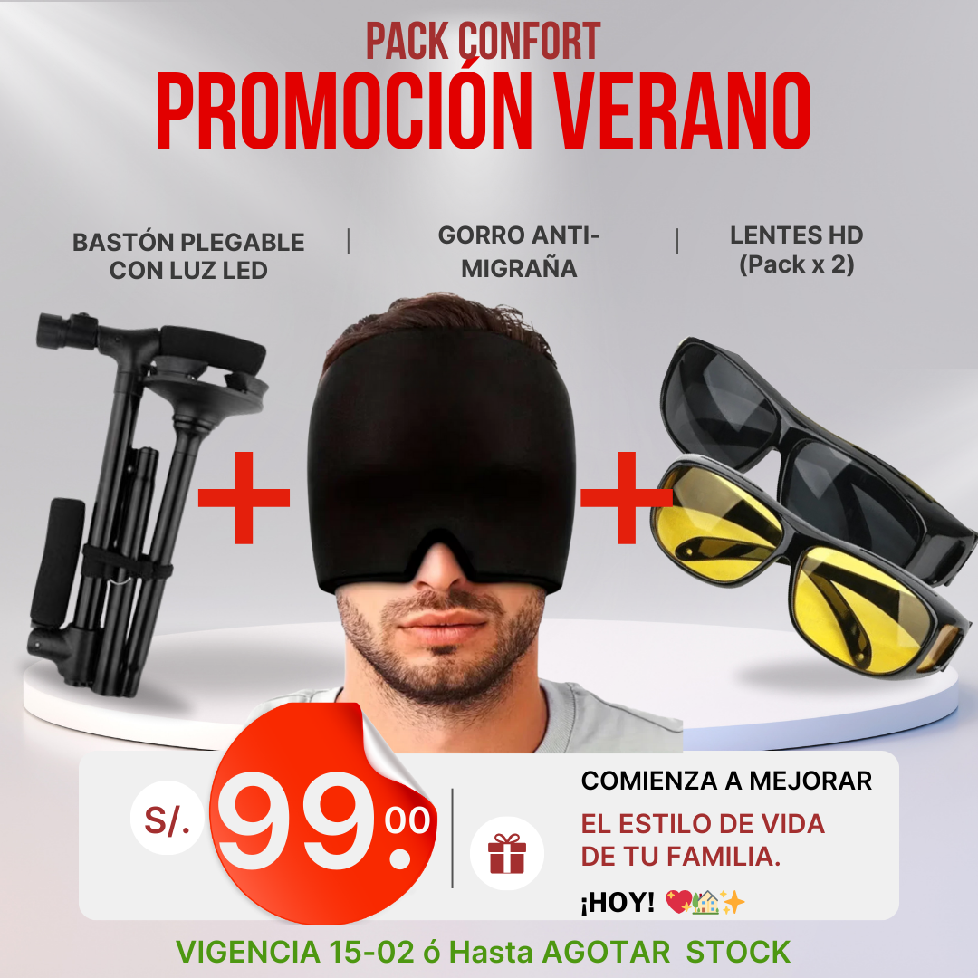 PACK CONFORT 😎 BASTÓN PLEGABLE CON LUZ LED +GORRO ANTI-MIGRAÑA + LENTES HD (X2)