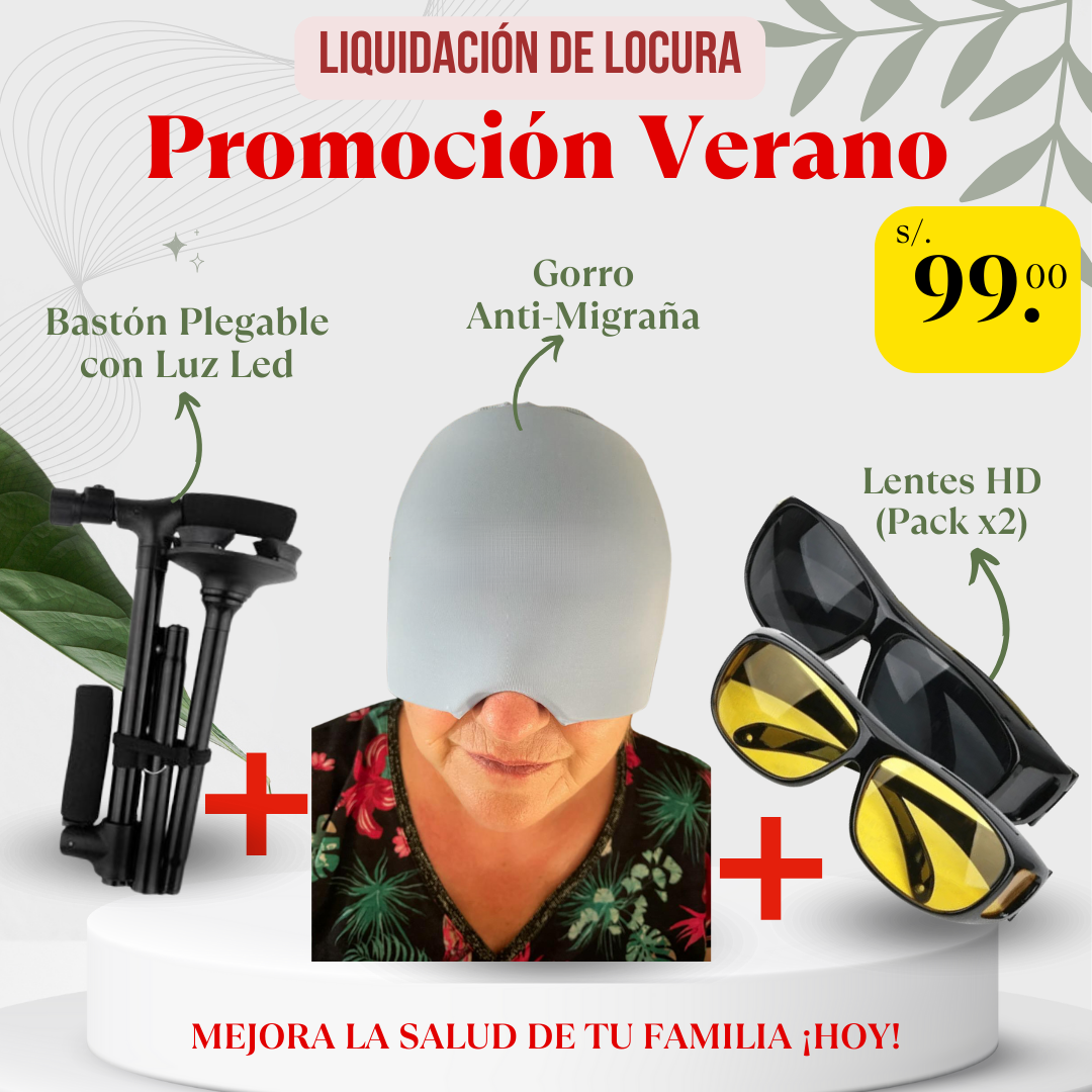 PACK CONFORT 😎 BASTÓN PLEGABLE CON LUZ LED +GORRO ANTI-MIGRAÑA + LENTES HD (X2)